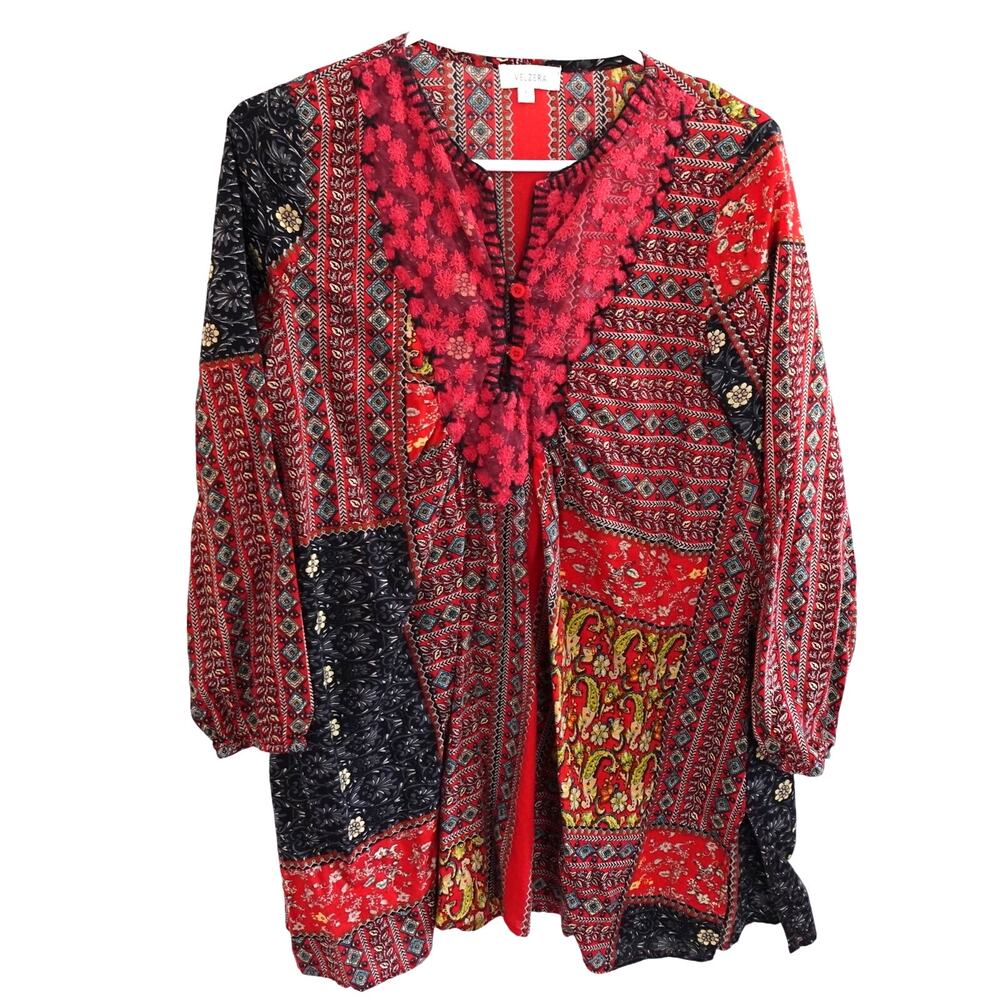 Velzera Red Floral Patchwork Print Dress S Bohemian Hippie Boho Cotton